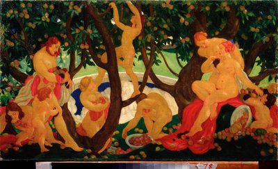 Sharing Apples (Gathering Aple) - Målning av Valentin Alexandrovich Yakovlev (1887-1919), olja på duk av Valentin Alexandrovich Yakovlev