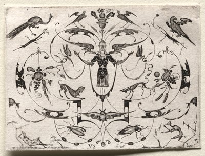 Arabesque med påfågel, parakit, hundar och insekter av Valentin Sezenius