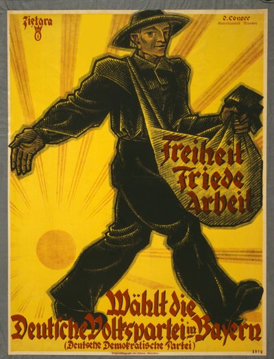 Frihet, fred, arbete, väljer tyska folkpartiet i Bayern, pub. München, 1919 av Valentin Zietara
