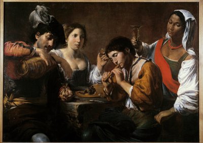 Möte i en kabaré Målning av Valentin de Boulogne (1591-1632) 1600-talet sön. 0,96x1,33 m av Valentin de Boulogne
