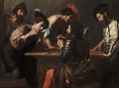 Soldater som spelar kort och tärningar Fusken, ca. 16181620. av Valentin de Boulogne