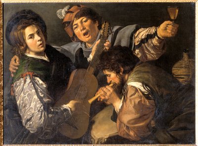 Tre män som gör musik, ca 1616 (olja på duk) av Valentin de Boulogne