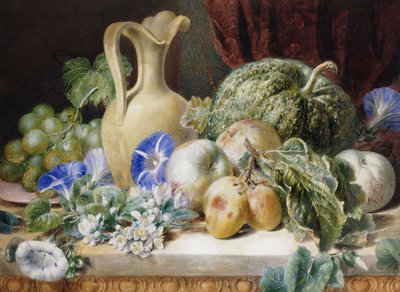 Ett stilleben med kanna, äpplen, plommon, vindruvor och blommor, av Valentine Bartholomew