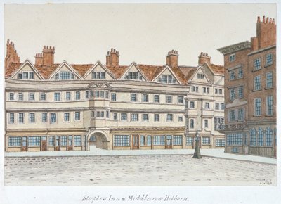 Utsikt över Staple Inn och byggnaderna i Middle Row i centrala Holborn, London, 1850. av Valentine Davis