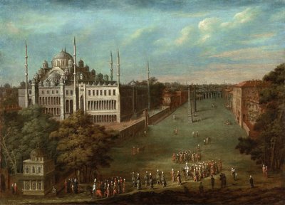 Storvesirens procession på Hippodrome-torget med Sultan Ahmed-moskén, 1737 av Vanmour