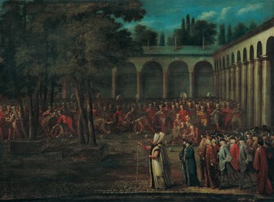 Ambassadörsdelegationen passerar genom den andra gården till Topkapı-palatset, 1720-talet av Vanmour