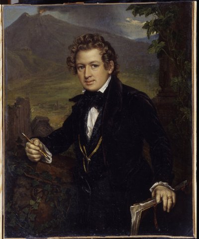 Porträtt av målaren Karl Pavlovich Briullov (Bryullov) (1799-1852). Porträtt av målaren K.P. Briullov). Representerad framför en vulkan håller målaren en mekanisk penna och sin ritbräda. Målning av Vasili Andreyevich Tropinin (Vassili Tropinin) (1 av Vasili Andreevich Tropinin