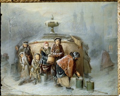 Kön Vid Fontänen. Mitt i vintern väntar stadens invånare på sin tur, i den kalla vinden och dimman, att fylla sin hink med dricksvatten. Målning av Vasili (Vasili) Grigoryevich Perov (1834-1882), olja av Vasili Grigorevich Perov