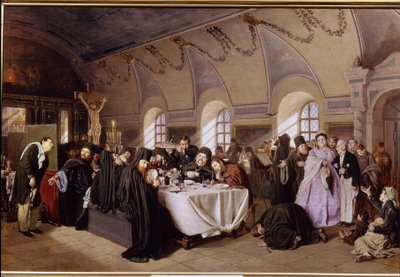 En lunch på klostret (A Meal in The Monastery). I den rika matsalen i ett ortodoxt kloster sitter munkarna och lunchar i överflöd (fisk, frukt, vin), medan de läser Bibeln. Föraktfulla besökare bjuds in till j av Vasili Grigorevich Perov