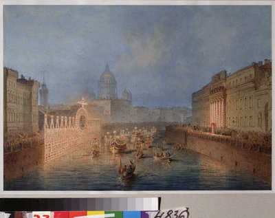 Belysning av Moikafloden i Sankt Petersburg. Verk av Vassily Semyonovich Sadovnikov (1800-1879), akvarell på papper av Vasili Semenovich Sadovnikov