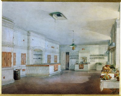 Köket i Yusupov Palace (Moika Palace) i Sankt Petersburg. (Köket i Yusupovpalatset i St. Petersburg). Verk av Vasily Semyonovich Sadovnikov (1800-1879), akvarell på papper. Rysk konst från 1800-talet. Ryska statens museum, Saint Pe av Vasili Semenovich Sadovnikov