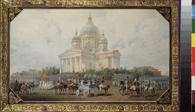 Paraden framför Sankt Isaks katedral i Sankt Petersburg. Verk av Vasily Semyonovich Sadovnikov (1800-1879), akvarell på papper av Vasili Semenovich Sadovnikov