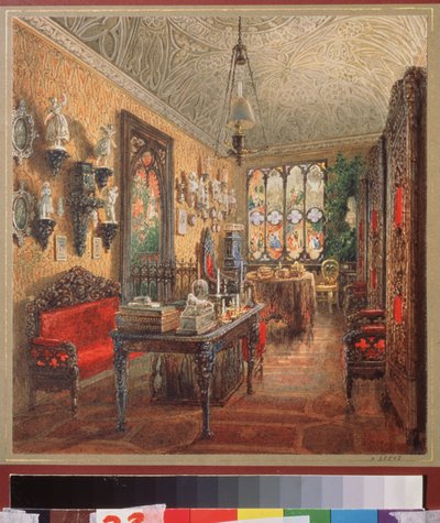 Kontoret i Yusupov Palace (Moika Palace) i Sankt Petersburg. Verk av Vasily Semyonovich Sadovnikov (1800-1879), akvarell på papper, rysk konst av Vasili Semenovich Sadovnikov