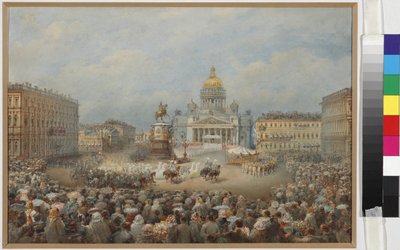 Invigningsceremonin för monumentet till Nicholas I på Mariinsky-torget - Vasily Semyonovich Sadovnikov (1800-1879). Akvarell och vit färg på papper av Vasili Semenovich Sadovnikov