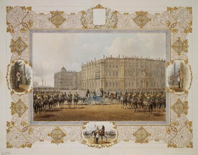 Genomgång av hästväktarregementet framför Vinterpalatset, 1850-talet av Vasili Semenovich Sadovnikov