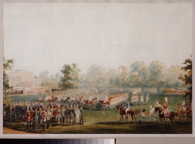 Militärparad på ängen av palatset Elagin i Sankt Petersburg. (Kejsargardets parad). Verk av Vasily Semyonovich Sadovnikov (1800-1879), akvarell på papper av Vasili Semenovich Sadovnikov