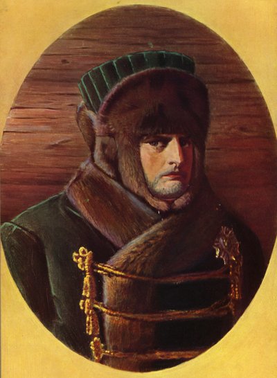 Napoleon Bonaparte klädd i tunga vinterkläder under ett militärt fälttåg (färglitografi) av Vasili Vasilievich Vereshchagin