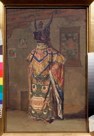 En lama vid en buddhistisk fest i Rumtek-klostret i Sikkim (Indien) (Lama vid en buddhistisk fest i Rumtek-klostret i Sikkim) - Målning av Vasili Vasilyevich Vereshchagin (Vassili Vereshchagin) (1842-1904), olja på duk av Vasili Vasilievich Vereshchagin