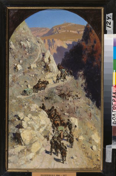 Artilleri i Kaukasusbergen. (Avsnitt av det ryska imperiets erövring av norra Kaukasus, kampanj 1853-1856). Målning av Vasili Dmitrievich Polenov (1844-1927), olja på duk av Vasilij Dmitrievich Polenov
