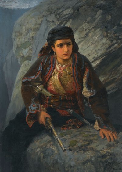 ""Le guet"" (Utsikten) Ung kvinna håller vakt med en pistol i handen - Målning av Vassili Polenov (1844-1927) av Vasilij Dmitrievich Polenov