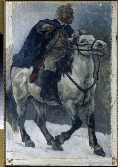 Alexander Suvorov (1729-1800) till häst. (Alexander Suvorov till häst). Den ryske hjälten beskrivs när han korsar Alperna, i spetsen för ryska trupper, under det italienska fälttåget (1799-1800). Målning av Vasilli Ivanovich Surikov (Vasily Surik av Vasilij Ivanovic Surikov