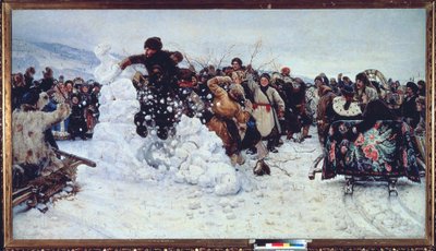 Storm of Snow Fortress (populär scen för glädje under ortodox fastaveckan, maslenitsa) - Målning av Vasilli Ivanovich Surikov (Vasily Surikov eller Vassili Surikow) (1848-1916), olja på duk av Vasilij Ivanovic Surikov