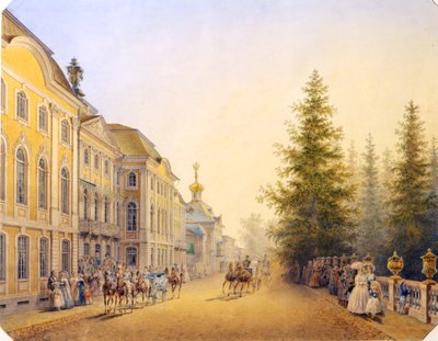 "Huvudingången till det stora palatset i Peterhof", 1852 av Vasilij Semenovic Sadovnikov