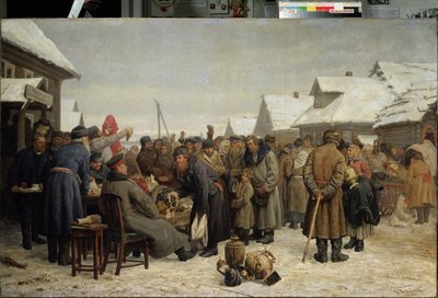 Offentlig auktion över skuldskulder. (Offentlig egendomsauktion för eftersläpningen). I en snötäckt by på landet läggs hushållsföremål ut till försäljning mitt på gatan. Uniformerade tjänstemän organiserar och övervakar genomförandet av av Vasily Maximov