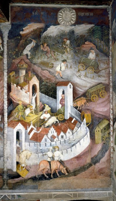 December: skogshuggarna samlar ihop veden och för den tillbaka till staden Trento där muren och slottet Buonconsiglio är representerade. Målning av Månadernas Mästare eller Mästare Wenceslas (Maestro dei Mesi eller Maestro Wenceslao på italienska, börjar av Venceslao Maestro