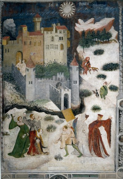 Januari månad: snölandskap med aristokrater och jägare. Aristokrater spelar snöbollar medan jägare går på jakt med sina hundar. Längst ner är slottet Castello di Stenico och en man med nyckeln är redo att öppna fästningsdörren. Målning av Mas av Venceslao Maestro