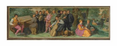 En pastoral konsert, med eleganta figurer som spelar en cittern, ett clavichord, en fiol, en kornett, en trombon och en violoncello (olja på panel) av Venetian School