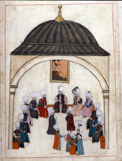 Administration under det osmanska riket: en utfrågning som leds av storvisiren. Miniatyr från "" Turkish Memorials"" (codex Cicogna 1971 "Memorie Turchesche") Akvarell från 1600-talets venetianska skola. av Venetian School