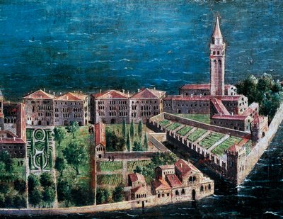 Trädgård bredvid Frälsarens kyrka, detalj från Venedig i fågelperspektiv, målning av venetiansk skola, Italien av Venetian School