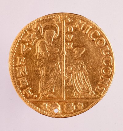 Guldmynt (zecchino eller paljett) från Venedig: dogen Nicolo Contarinis (1630-1631) regeringstid. Diameter 3,4 cm Rom, nationell term museum av Venetian School