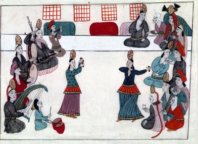 Musiker och dansare under det osmanska riket. Miniatyr från "" Turkish Memorials"" (codex Cicogna 1971 "Memorie Turchesche") Akvarell från 1600-talets venetianska skola. av Venetian School