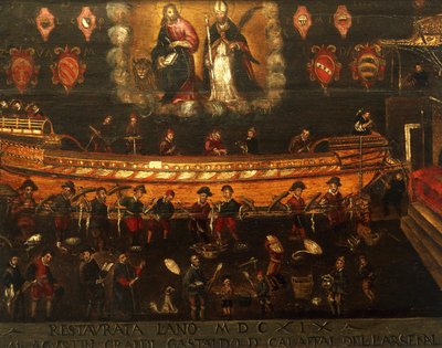 Skylt för Guild of Ship Building i Arsenale i Venedig, Italien av Venetian School