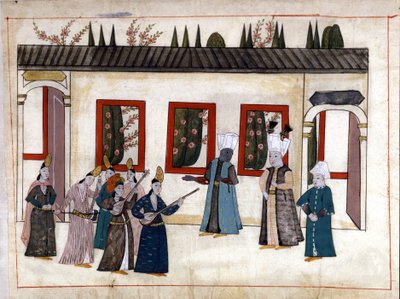 Sultanen besöker favoriten med modern och hövdingen för eunuckerna. Miniatyr från "" Turkish Memorials"" (codex Cicogna 1971 "Memorie Turchesche") Akvarell från 1600-talets venetianska skola. av Venetian School