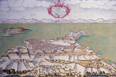 Stadsplan över Korfu med dess befästningar, venetianskt statsarkiv av Venetian School