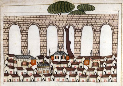 Vy över Konstantinopel och dess akvedukt. Miniatyr från "" Turkish Memorials"" (codex Cicogna 1971 "Memorie Turchesche") Akvarell från 1600-talets venetianska skola. av Venetian School