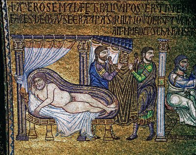 Bysantinsk arkitektur: "The Drunkenness of Noe""" mosaik gjord av venetianska konstnärer Basilica di San Marco från 1200-talet av Veneto Byzantine School