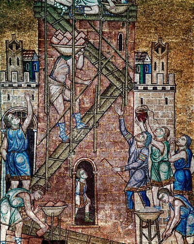 Bysantinsk arkitektur: "" konstruktionen av Babels torn""" På platsen lade arbetarnas maconer, monterade på byggnadsställningar, tornets stenar. Mosaik gjord av venetianska konstnärer Basilica di San Marco från 1200-talet (St. Markusbasilikan), Venedig av Veneto Byzantine School