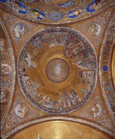 Utsikt över kupolen med mosaiker på en gyllene bakgrund (romansk och bysantinsk stil) som illustrerar Moses liv. I hängena, de fyra profeterna Salomo, David, Sakarja, Malaki. Början av 1200-talet. Basilica San Marco (Basilica of av Veneto Byzantine School