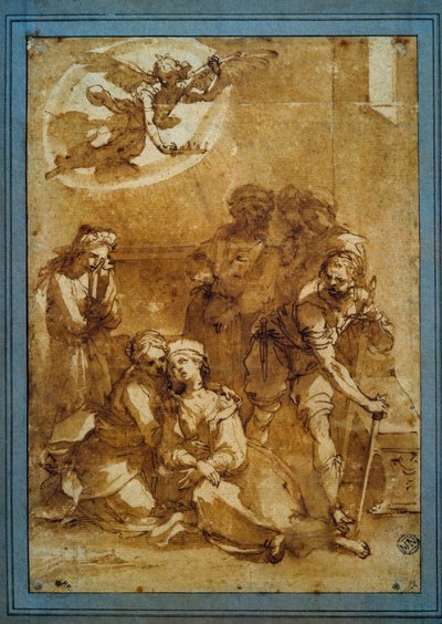 St. Ceciles död Förberedelseteckning med brunt tusch för Santa Cecilia (Pisa) av Ventura di Arcangelo Salimbeni dit Bevilacqua (1568-1613) Sön. 0,25 X 0,17 m. Paris, Louvren av Ventura di Arcangelo Salimbeni