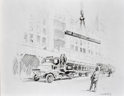 Stålbalk vinschas upp från lastbilen för att användas vid byggandet av Empire State Building, publicerad av William Edwin Rudge av Vernon Howe Bailey