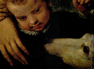 Porträtt av en kvinna med ett barn och en hund, detalj av barnets huvuden och hunden olja på duk detalj av 95739 av Paolo Veronese