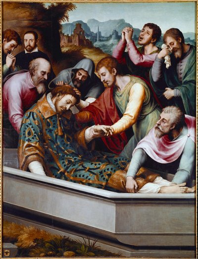The Tomb of St. Stephen, Christian Martyr (olja på duk av Vicente Juan (c.1510 79) Macip