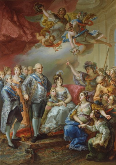 Spanska: Till minne av Karl IV:s och hans familjs besök vid universitetet i Valencia 1802. Stadens litterära universitet överlämnade till monarken denna målning som visar universitetet självt, förkroppsligat av en ung matrona, som överlämnar till av Vicente López Portaña