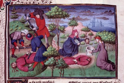 Mordplats för två män vars mördare skar av dem huvudet. Sida av ett manuskript på franska av "Decameron"" av Giovanni Boccaccio dit Jean Boccace (1313-1375), italiensk författare, upplyst av Mästaren av Mansel. 1450. Paris, Arsenals bibliotek av Vicente de Paredes