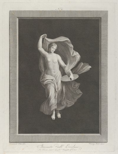 En delvis naken bacchante som håller en skiva i vänster hand och lyfter upp sina plagg ..., ca. 1795-1820 av Vicenzo Feoli