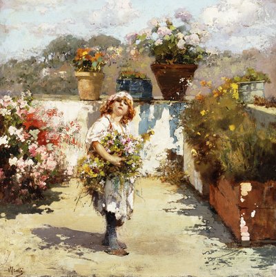 En ung flicka samlar blommor i solskenet av Vicenzo Irolli